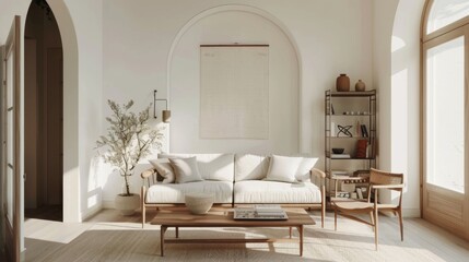 A serene minimalist living room design showcasing arched windows, a neutral color palette, and simplistic furnishings bathed in natural light.
