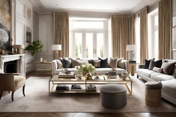 an elegant interior with a harmonious color scheme, luxurious textiles, and carefully selected accessories, creating a timeless appeal in the living room.