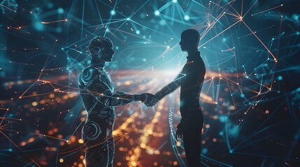 Futuristic Handshake Businesspeople Connecting in a Digital World - obrazy, fototapety, plakaty