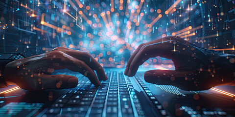 hands of IT professional typing on the keyboard with Abstract futuristic cyberspace with binary code design, big data connection technology concept - obrazy, fototapety, plakaty