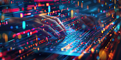 Fototapeta na wymiar hands of IT professional typing on the keyboard with Abstract futuristic cyberspace with binary code design, big data connection technology concept
