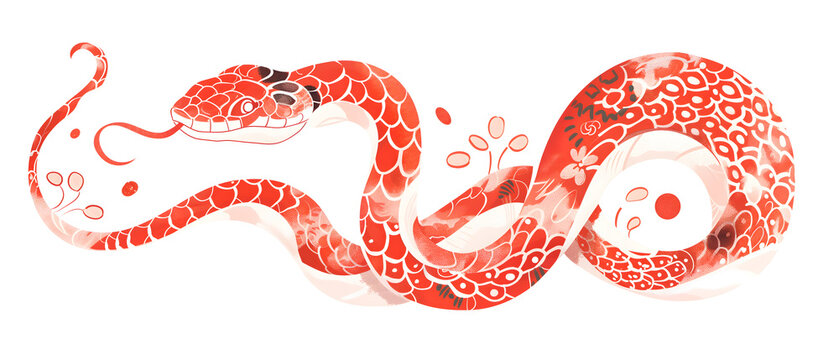  Chinese New Year 2025 Zodiac Snake. Chinese traditional art drawing of red and white snake with floral ornament on skin