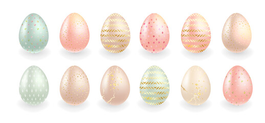 Pastel and gold Easter eggs vector design set. Sage, pink, peach and beige tones. Blush pink and mint green spring design