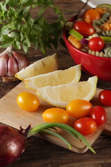 salad, pasta, tomato, olive oil, lemon