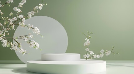 Minimalist Stage Design with White Paper Pillars and Cherry Blossoms - obrazy, fototapety, plakaty
