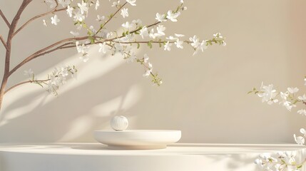 Luminous White Bowl and Flowers on a Tree Branch