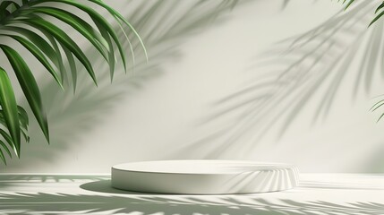 Minimalist Stage Design with White Pedestal and Palm Tree - obrazy, fototapety, plakaty