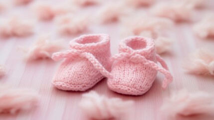 A close-up of a baby's first pair of tiny shoes on a cozy, light pink blanket.