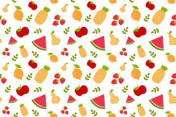 Hand drawn cute seamless pattern fruits, Pineapple, Strawberry, Lemon, Apple, Pear, Watermelon and leaf on white background. Vector illustration.