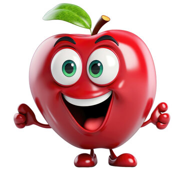 A cartoon apple with a green leaf on top is smiling and has its mouth open