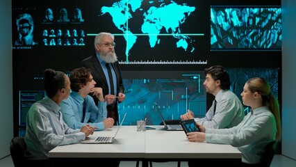 Military and Science Concept. A multinational team of military analysts and scientists discuss research data on a large digital screen.