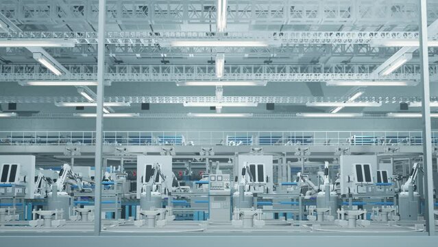 Panning View Of Mass Production In Laboratory, Automated Machine Are Working On Pharmaceutical Conveyor Belt. 3D Rendering Vaccine Packing