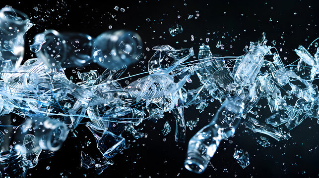 A translucent image of crushed plastic bottles with pulsating digital lines representing the recycling process, against a pitch - black background.