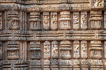 Carvings of musicians and dancers at Dance hall wall of Konark Sun temple , India