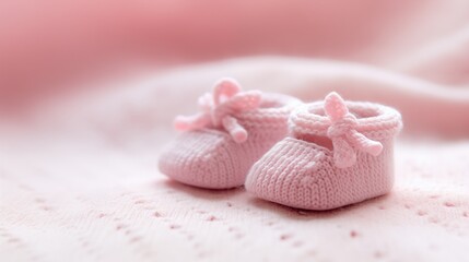 Fototapeta na wymiar A close-up of a baby's first pair of tiny shoes on a cozy, light pink blanket.