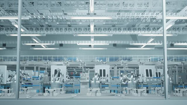 Mass Production In Laboratory, Automated Machine Are Working On Pharmaceutical Conveyor Belt. 3D Rendering Vaccine Packing