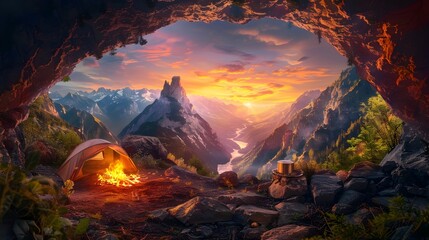 Heart-Shaped Cave Campsite Amid Majestic Mountains at Golden Hour