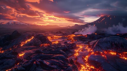 Hyper-Realistic Sunset Landscape of Molten Lava Streaming Amongst Jagged Volcanic Rocks - obrazy, fototapety, plakaty