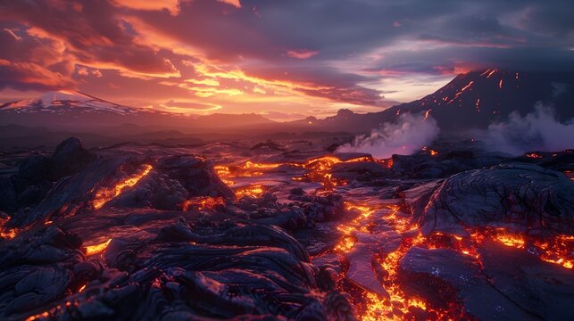 Hyper-Realistic Sunset Landscape of Molten Lava Streaming Amongst Jagged Volcanic Rocks