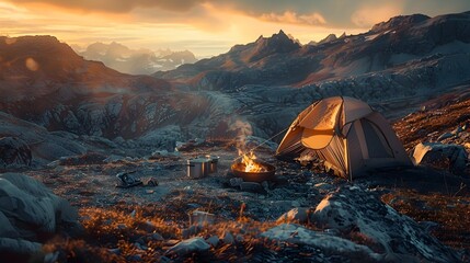 Underground Tent Campsite in the Mountains at Golden Sunset Hours