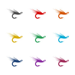 Fly fishing hook logo icon isolated on white background. Set icons colorful