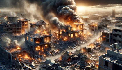 Fotobehang Devastated Urban Landscape after Battle. War Conflict Scene with Ruins, Flames and Smoke  © TakoyakiAI