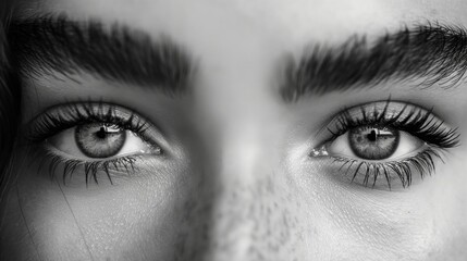 A close-up of a girl model's eyes, accentuated by dramatic eyelashes, against a minimalist grayscale background, expressing subtle allure.