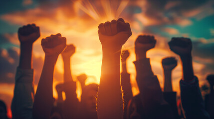 People raised fist air fighting for their rights with sunlight effect, labor movement, election movement, copy space. Labor day concept. 