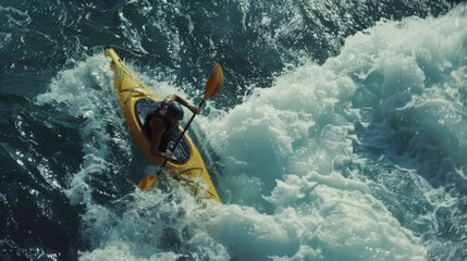 A person in a yellow kayak paddling through the waves, AI