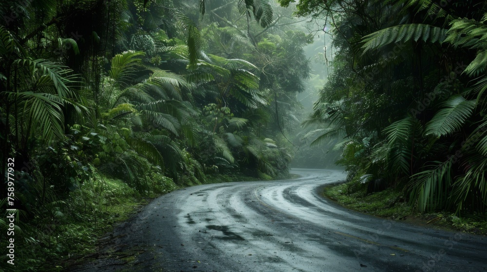 Canvas Prints a wet road in the middle of a lush green jungle, ai