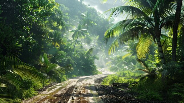 A dirt road in the middle of a tropical jungle with trees, AI