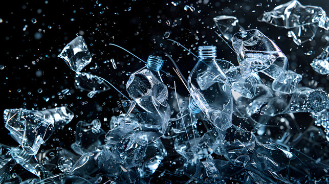 A translucent image of crushed plastic bottles with pulsating digital lines representing the recycling process, against a pitch - black background.
