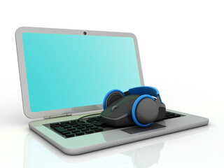 3d rendering mouse with headphone in laptop