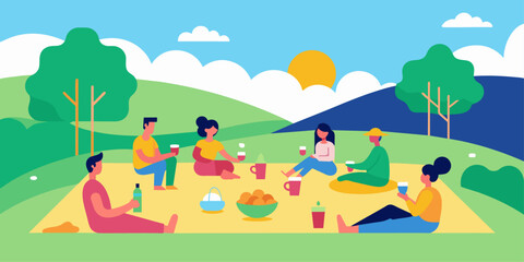 Picnic in the park. People sitting on the grass and having a picnic. Flat vector illustration.