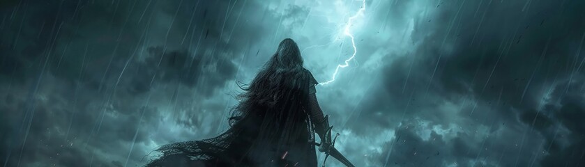 Thunder roars as a shadowy figure brandishes a sword against the backdrop of a dark foreboding sky - obrazy, fototapety, plakaty