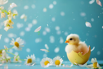 A small Easter chicken in an eggshell with spring flowers on a blue background