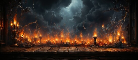 Fototapeta na wymiar Burning fire in the old city at night, Mystical Fire