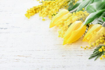 Mimosa and tulip spring flowers Easter or Passover seder white wooden background with sun rays and...