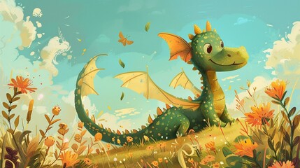 A whimsical illustration of a friendly dragon playing in a meadow