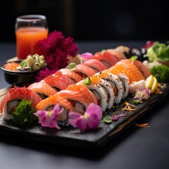 Sushi on a black plate with flowers