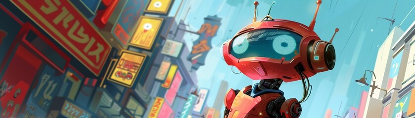 A whimsical illustration of a quirky robot character in a retro-futuristic setting
