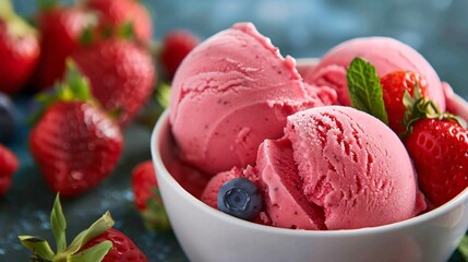 Refreshing ice cream sorbet, a burst of fruit, a clear, bright note of pure flavor. - obrazy, fototapety, plakaty