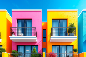 Futurist Neighborhood Illustration: Contemporary Town Apartments Architecture. Real Estate and Luxury Home Construction, with Modern Colorful Design Pop Art 
