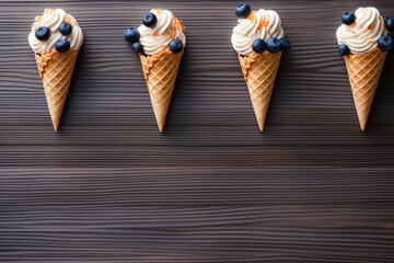 Four waffle cones with whipped cream and blueberries on a dark wooden background, evoking a delicious and inviting dessert scene.