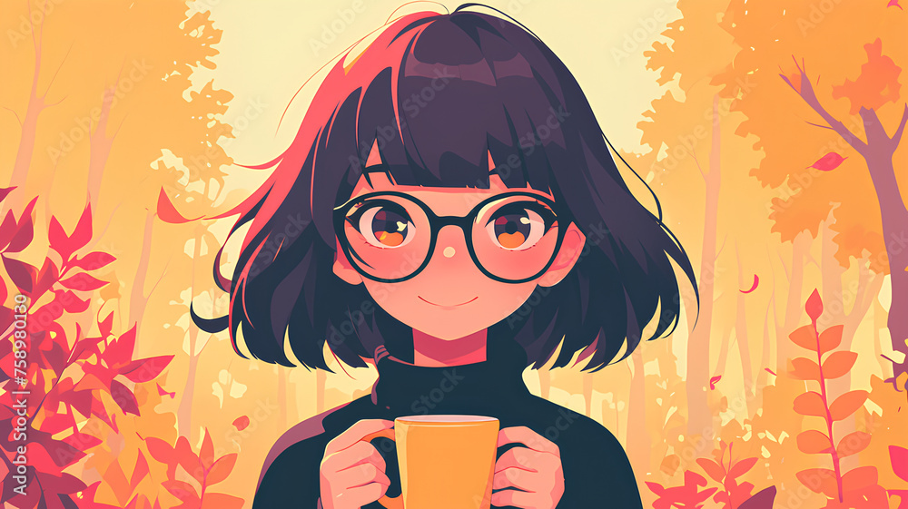 Poster beautiful anime girl in glasses is in autumn season