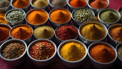 Top View of Colorful Indian Spices Arranged Against a Captivating Backdrop, Top Shot of a Variety of Indian Spices, Forming a Beautifully Hued Background
