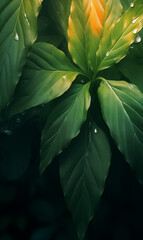 Lush Green Leaves with Water Droplets Close-up

