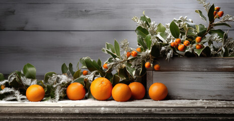 Winter composition with oranges and frosty leaves in a wooden box against a gray wood panel backdrop.