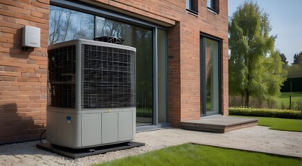 In the spring, an air source heat pump unit is placed outdoors at a contemporary brick residence in the Netherlands.
