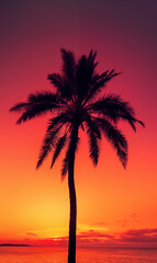 Fototapeta na wymiar Silhouette of Palm Tree Against a Vibrant Red Sunset Sky 